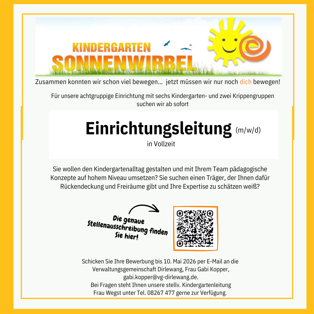 Stellenausschreibung für den Kindergarten Sonnenwirbel Dirlewang als Einrichtungsleitung in Vollzeit