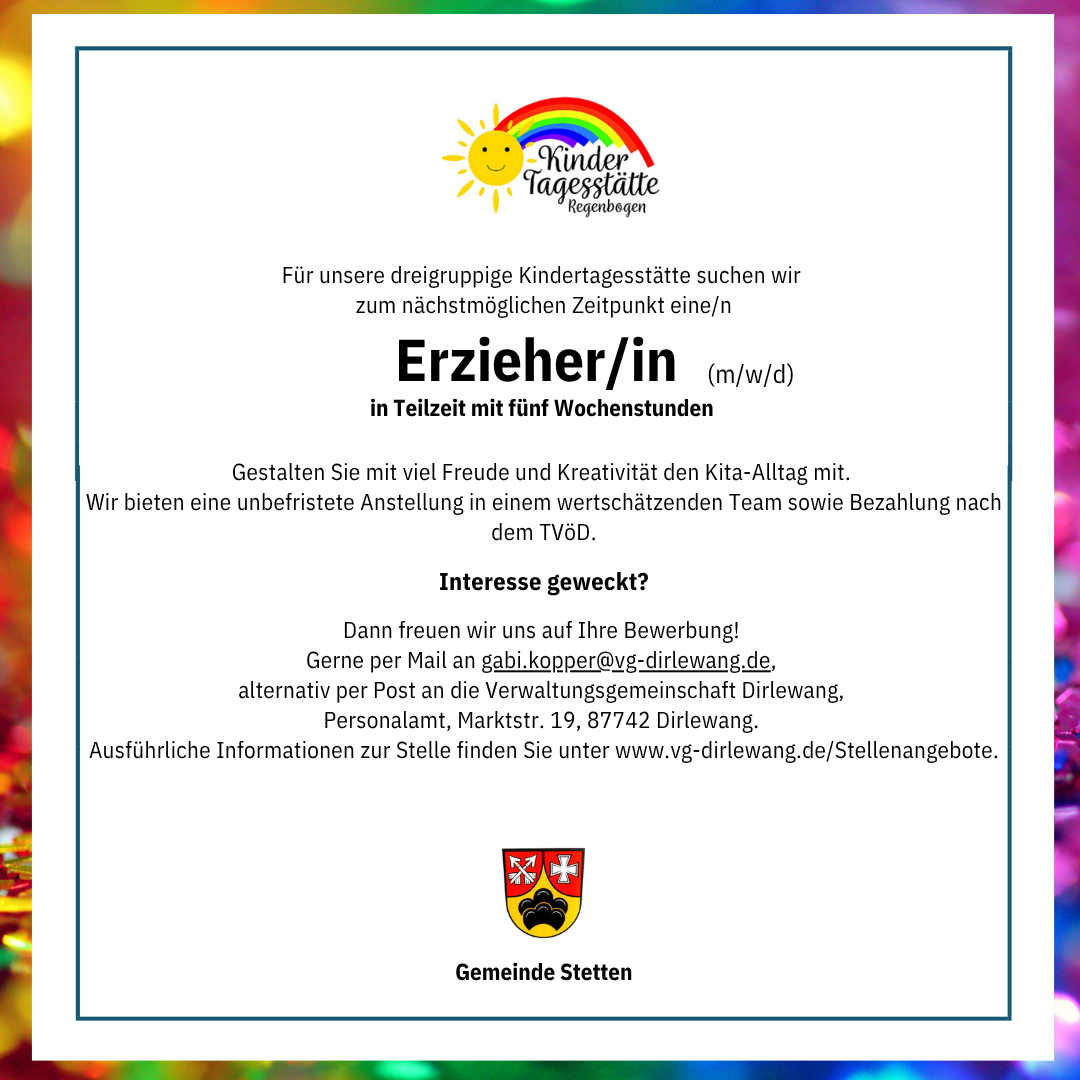 Stellenangebot der Kindertagesstätte Regenbogen in Stetten als Erzieher/in (m/w/d)
