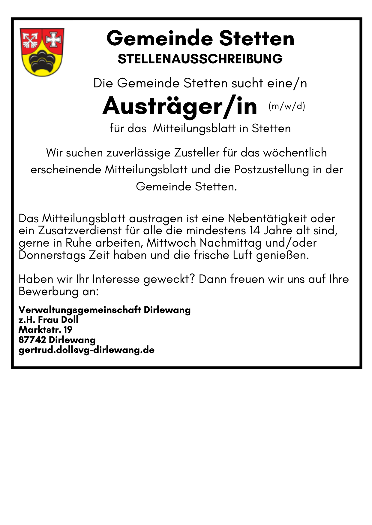 Stellenangebot Austräger/in in Stetten (Schwab)